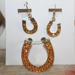 Amber Crystals large Horseshoe Pendant & matching Earrings